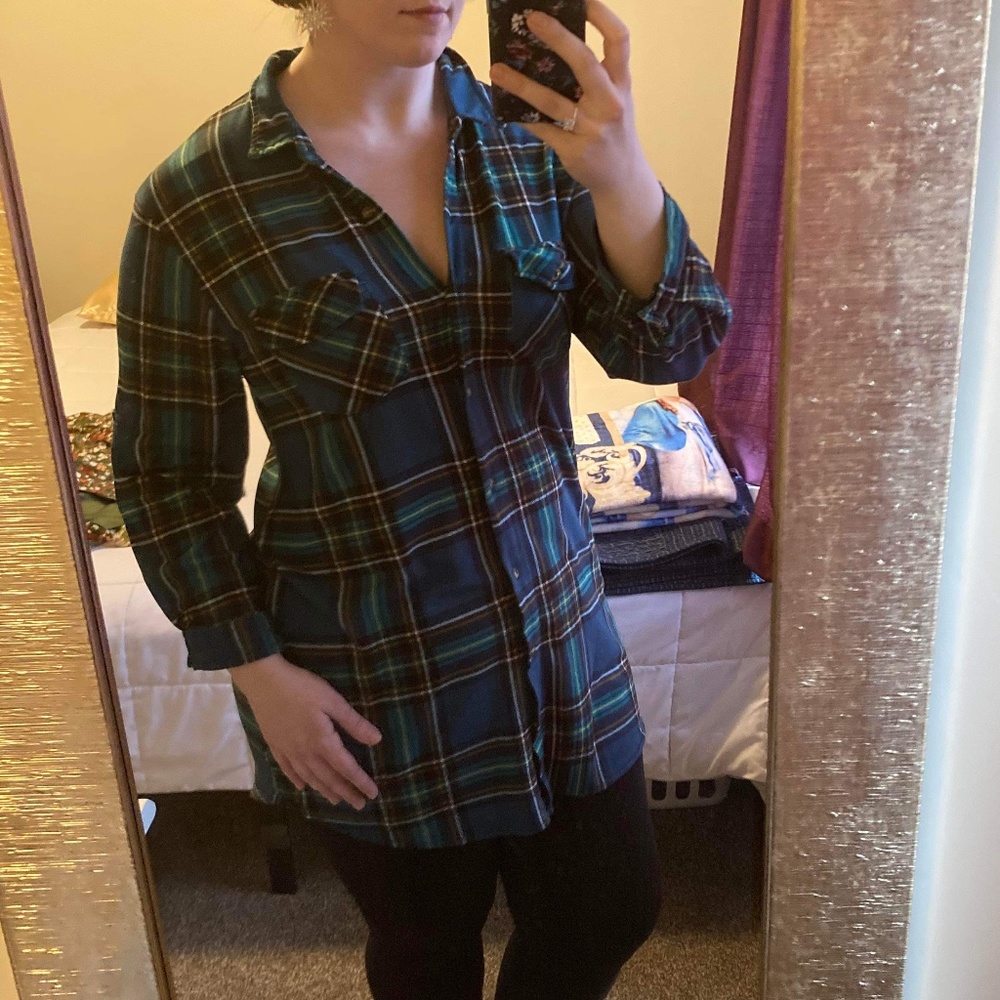 Green Plaid Long Button Up Shirt